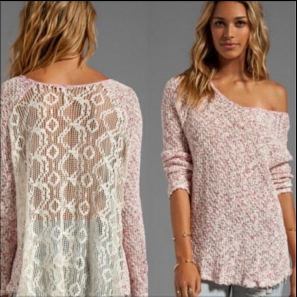 Free People Poppyseed Marled Pink Lace Back Lightweight Cotton Sweater Top